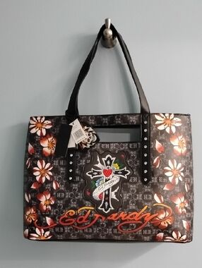 Ed Hardy Black Floral Tote with Cross Patch and Orange Script